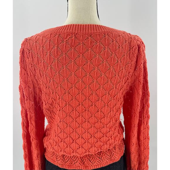 Anthropologie Flounce Hem Pointelle Sweater Orange Coral Knit Lace Sweater M - Picture 5 of 11